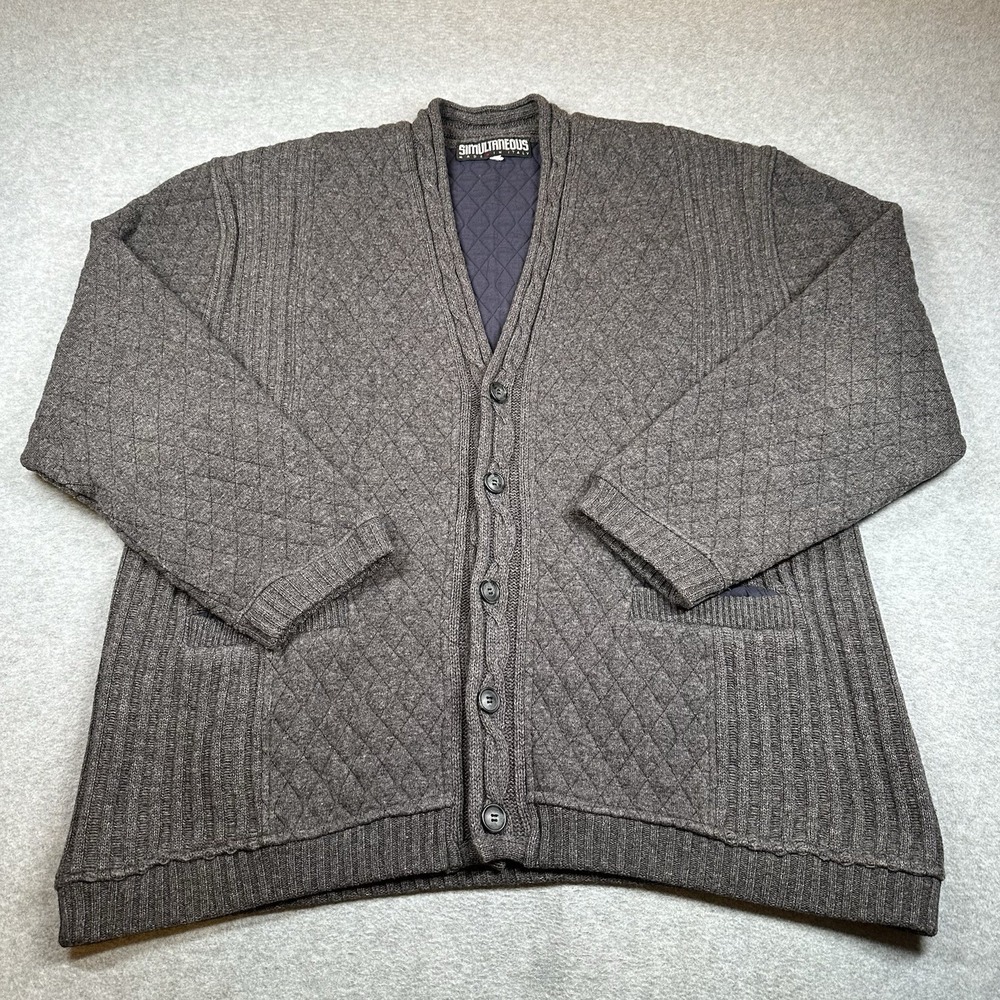 VTG Simultaneous Cardigan Sweater L~52 Wool Blend Gray Cable Knit Quilted Italy